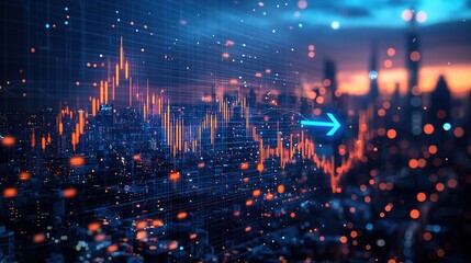 Obraz premium Digital financial data visualizations over a vibrant city skyline at dusk