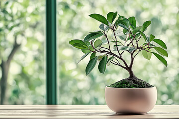 Fototapeta premium A close-up of a delicate bonsai tree in a small, modern pot on a simple wooden table, accompanied by the soft glow of natural light coming through a large window