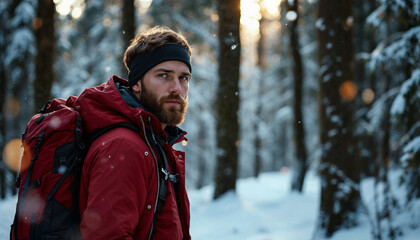 man hiking in winter forest