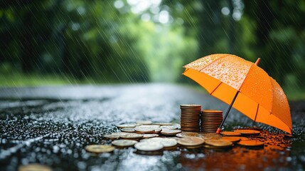 Bright orange umbrella shelters stacks of coins on a wet road during heavy rain in a vibrant outdoor setting