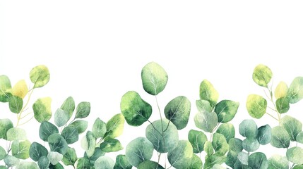 A watercolor illustration of green leaves arranged at the bottom of a white background.