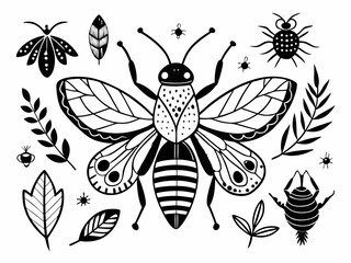 Intricate Bee and Floral Design – Black and White Botanical Line Art with Zentangle-Inspired Details
