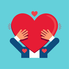 Hands Holding Red Heart – Minimalist Valentine’s Day Vector on Blue Background with Love Gesture