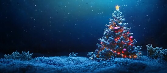 Festive Illuminated Christmas Tree: A beautifully adorned Christmas tree sparkles under a serene night sky, its colorful lights reflecting the joy of the holiday season.