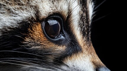 Close-up action of a raccoon’s eye wildlife setting animal photography dark background intriguing perspective
