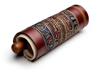 Torah scroll on white background with prayer shawl Jewish religious text ritual item heritage culture spirituality