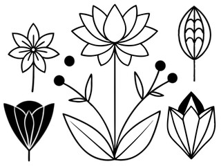 Stylized Lotus Flower – Black and White Geometric Line Art with Nordic-Inspired Floral Design
