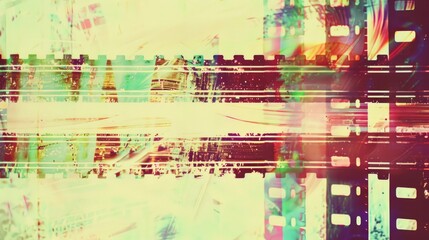 Obraz premium Distressed vintage film strip experimental glitch effect, sepia colors and colorful light leaks for creative media background