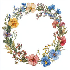 Obraz premium beautiful floral wreath featuring variety of colorful flowers, including pansies and wildflowers, arranged circular design. This vintage botanical illustration evokes sense of nature charm and