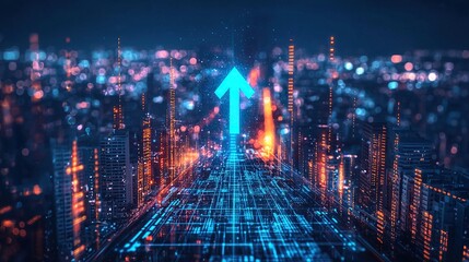 Fototapeta premium Digital cityscape with glowing blue arrow indicating progress at night