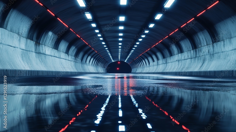 Wall mural 3d rendering of a curved tunnel with led lights on the ceiling reflecting in puddles on a wet dark s