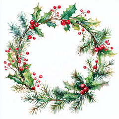 beautiful floral wreath featuring holly and pine, perfect for winter decor. This watercolor design showcases vibrant red berries and lush green leaves, evoking festive atmosphere
