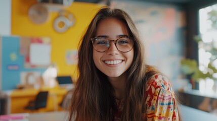 Happy young woman in office