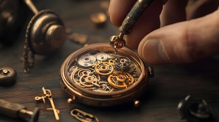 Precision Craftsmanship: A close-up captures the intricate art of watchmaking, showcasing a skilled artisan delicately manipulating tiny gears and components