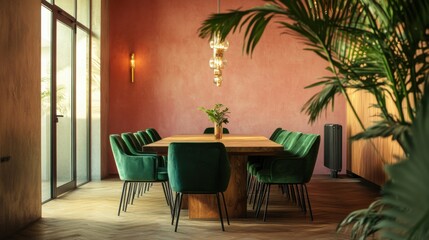 modern dining room interior design with green velvet chairs and