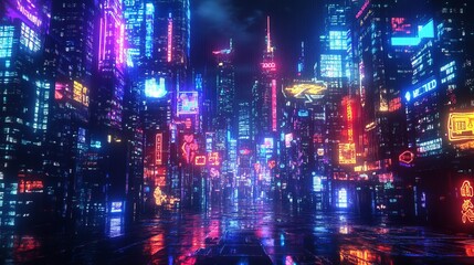 Abstract colorful futuristic night city background with neon signs and long exposure light trails 3D render 3D illustration