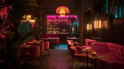 Exotic bar interior at night: An alluring bar interior with a vibrant mix of tropical foliage, stylish furnishings, and atmospheric lighting invites an immersive experience.