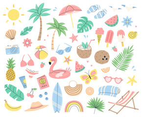Set of cute summer items in flat style. Summer collection. Vector illustration cliparts isolated on white background.
