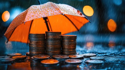 Rainy day savings protected by an umbrella over stacks of coins in a city setting during a stormy evening