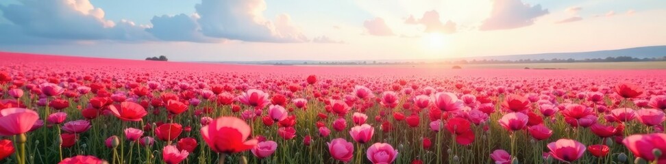 Obraz premium Soft pink poppy fields stretching across the sky, colorful, landscape