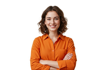 A young woman with short wavy brown hair wearing an orange shirt isolated stands with her arms crossed on transparent background