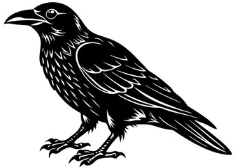  Black and White Raven Illustration – Woodcut Style Crow with Detailed Feathers and Gothic Aesthetic
