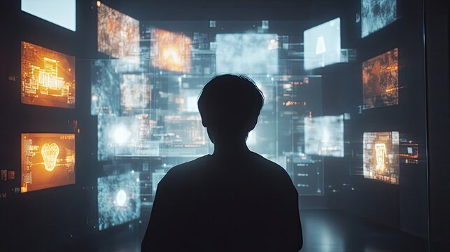 Person Analyzing Digital Data in a High-Tech Interactive Environment