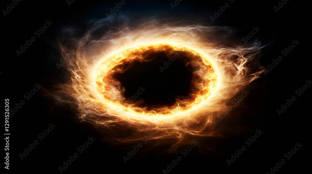 Poster fractal flames creating a fiery circular shape with a dark center, resembling a portal or gateway ag