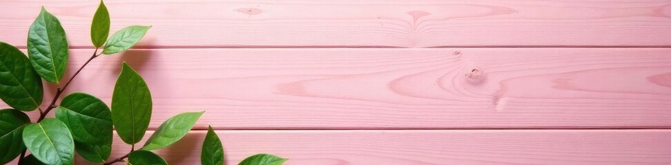 Fototapeta premium Soft pink wood background with a few scattered leaves, earthy tones, greenery, foliage