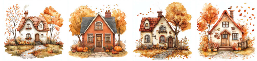 Quirky autumn houses with colorful foliage and pumpkins create cozy atmosphere