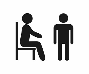 Simple black and white icon depicting a person sitting in a chair and a person standing.
