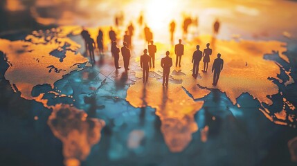 Global figures on a world map, representing interconnectedness and global collaboration. Ideal for business, international relations, and market expansion.