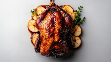 Golden roasted turkey garnished with fresh herbs and apple slice