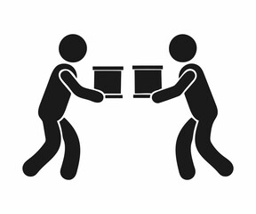 Simple black and white illustration of two stick figures carrying boxes.