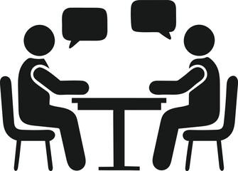 Simple black and white illustration of two stylized figures seated around a table, with speech bubbles suggesting communication.