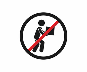 Simple vector graphic of a prohibited sign with a person carrying a box, displaying a clear message of no lifting or carrying.