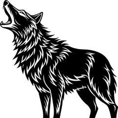 Fierce Snarling Wolf Head with Detailed Fur in Tribal Style, High Contrast