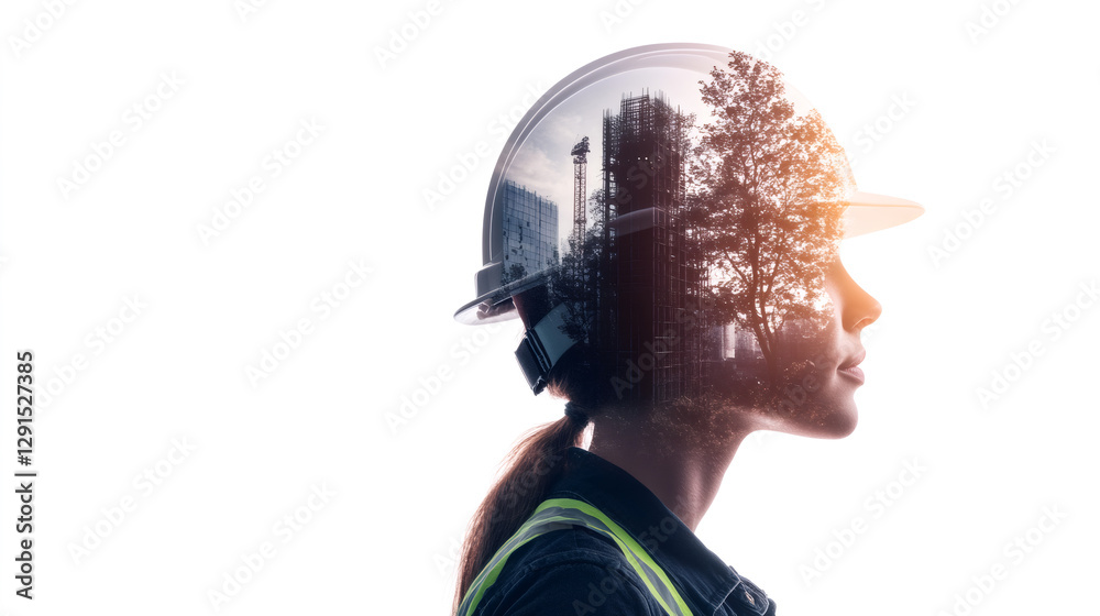 Aufkleber double exposure of a building engineer wearing safety helmet with an urban landscape representing fu