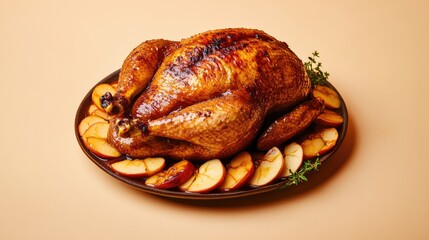 Golden roast turkey garnished with herbs on platter, surrounded