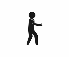 Simple black and white icon of a person walking with outstretched hand.