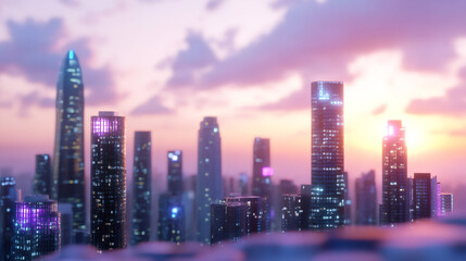 Fototapeta premium Breathtaking cityscape with modern skyscrapers illuminating the skyline during a vibrant sunset, creating a stunning urban landscape