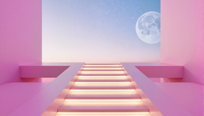 Obraz premium Staircase leading to a starry sky with a full moon for blogs, websites, presentations, digital art projects, dream-themed designs, and creative stationery
