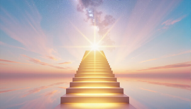Golden staircase leading to a bright light under a starry sky for blogs, websites, spiritual designs, motivational materials, educational content, and uplifting presentations