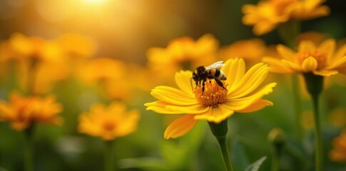 Warm sunlight falls on a lone bumblebee amidst autumn marigold flowers, garden, bees, yellow