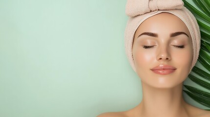 Naklejka premium Serene Woman with Moisturized Face and Pink Towel on Pastel Green Background