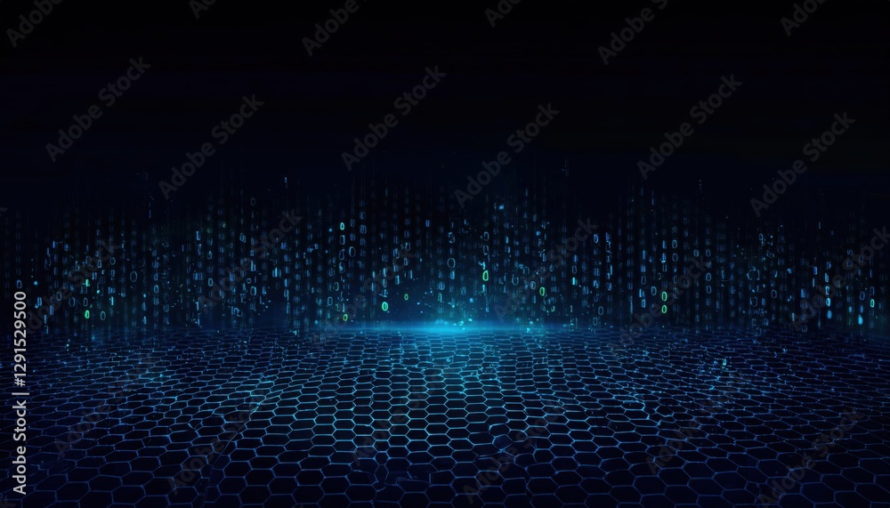 Aufkleber abstract digital futuristic landscape with glowing blue binary code on a hexagonal grid surface