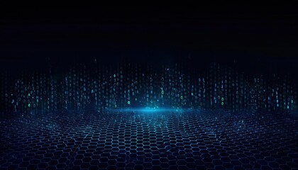 abstract digital futuristic landscape with glowing blue binary code on a hexagonal grid surface