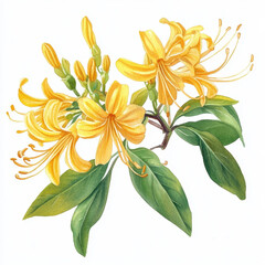 Yellow honeysuckle flowers with green leaves, showcasing vibrant petals and delicate buds, create cheerful and lively botanical illustration