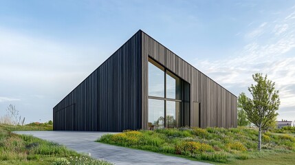 Modern Black Building Surrounded by Lush Green Landscape