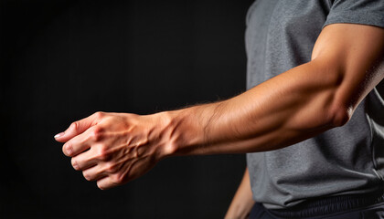 Fototapeta premium Close-up of a muscular male arm flexing on a dark background, fitness concept, copy space